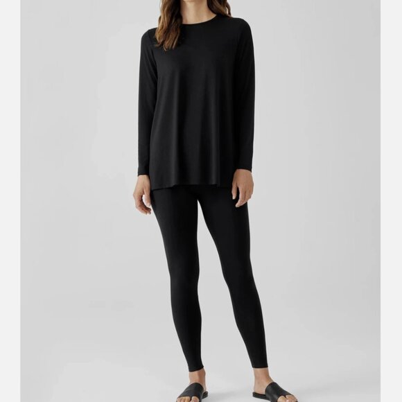 Eileen Fisher Black Fine Jersey Crew Neck Long Length Top - Picture 2 of 5